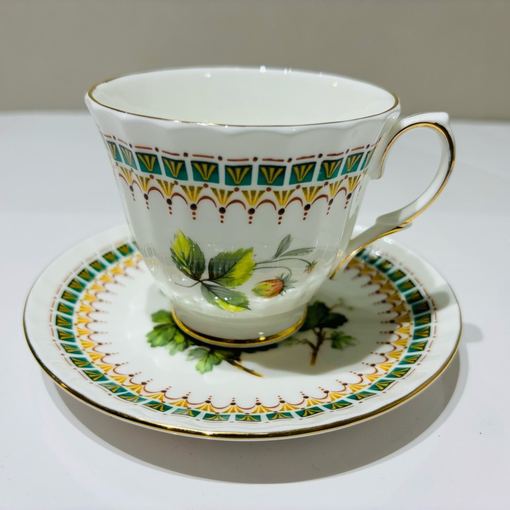 Vintage Duchess Elegant White and Gold Teacup and Saucer Set  Fruit pattern
